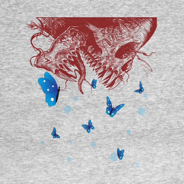 skulls and blue butterflies flying around it by zombies butterfly